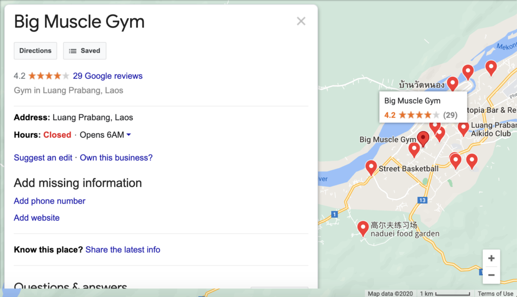 Example Google Maps page for Big Muscle Gym in Laos. As with many gyms in Asia and South America, there's not much info, so reading reviews is important.