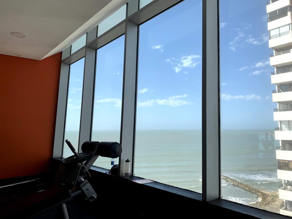 I was rewarded with an ocean view from Bodytech Gym in Cartagena, Colombia. 