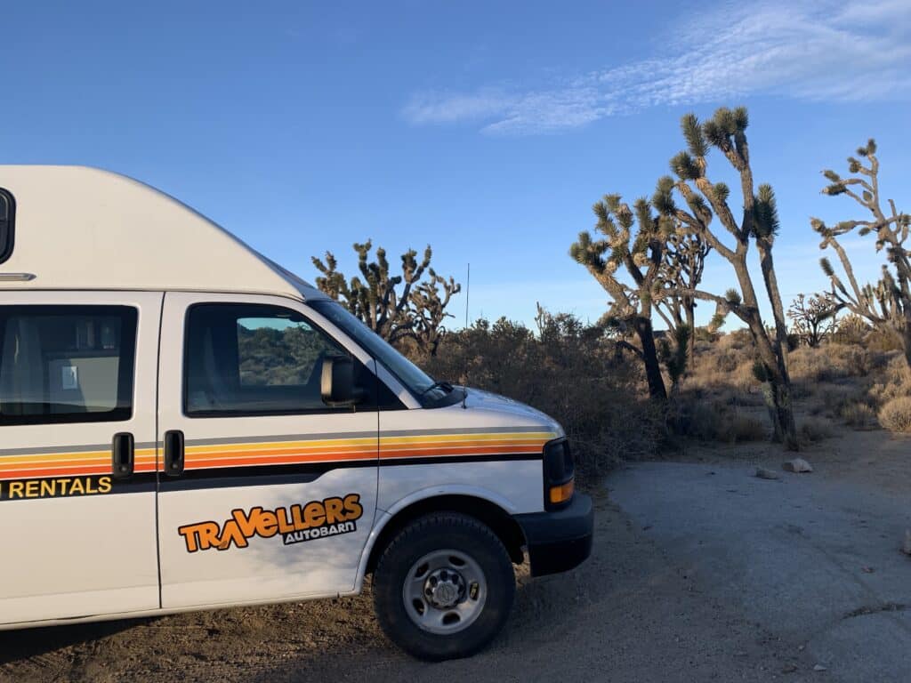 Camping among Joshua Trees in the Mojave National preserve in California. 