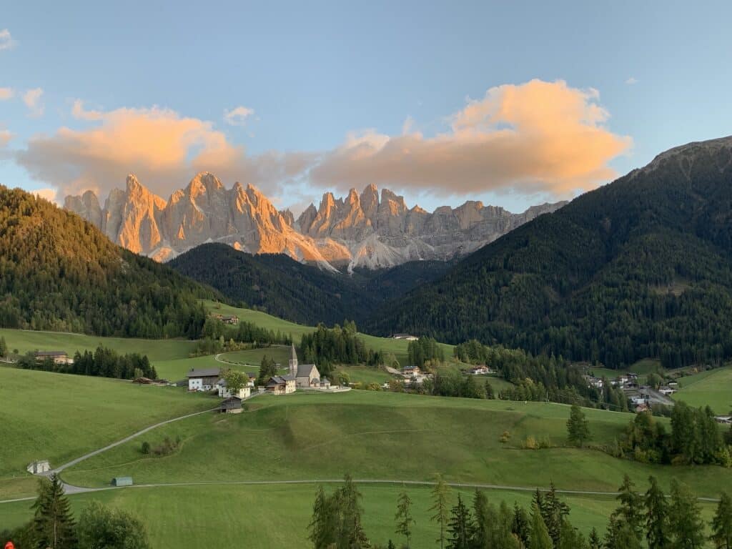 Santa Maddalena at sunset in the beautiful Val di Funes, Italy.