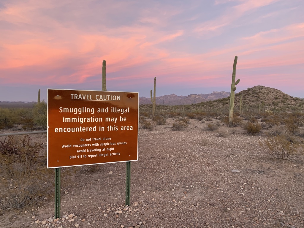A border patrol sign sticking out like a sore thumb at the Organ Pipe Cactus National Monument. 