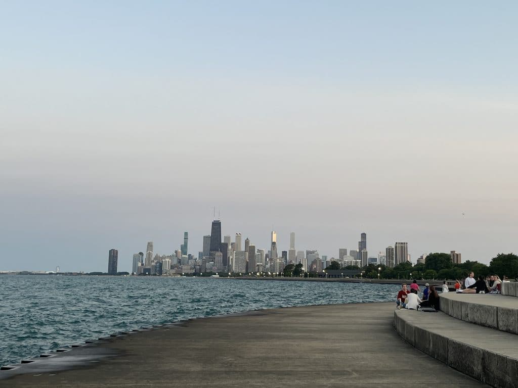 A view of Chicago's beautiful skyline from Lincoln Park. 
