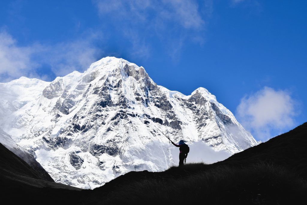 A snow-capped mountain along the Annapurna Circuit in Nepal.
