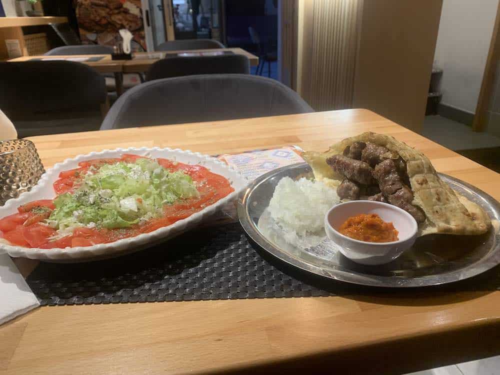 Cevapi, ajvar and salad from Cevabdzinica Beg in Sarajevo.