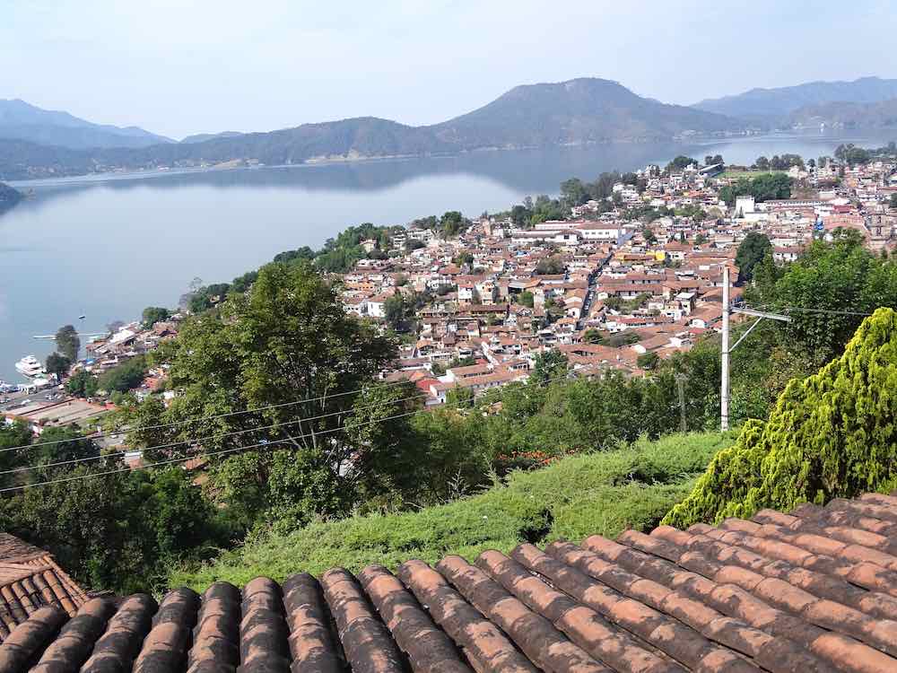 View of Valle de Bravo, Mexico and Lake Avandaro.