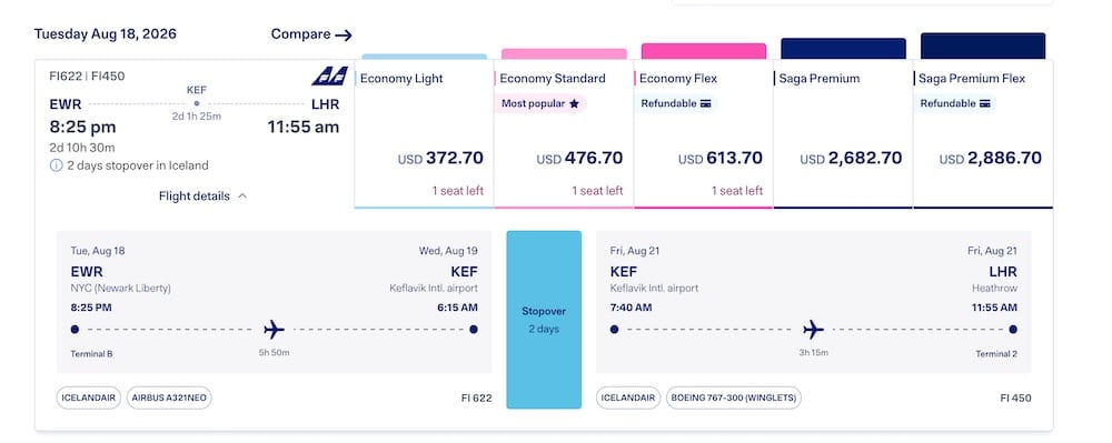 A flight from Newark on August 18th, which highlights free stopovers in Iceland